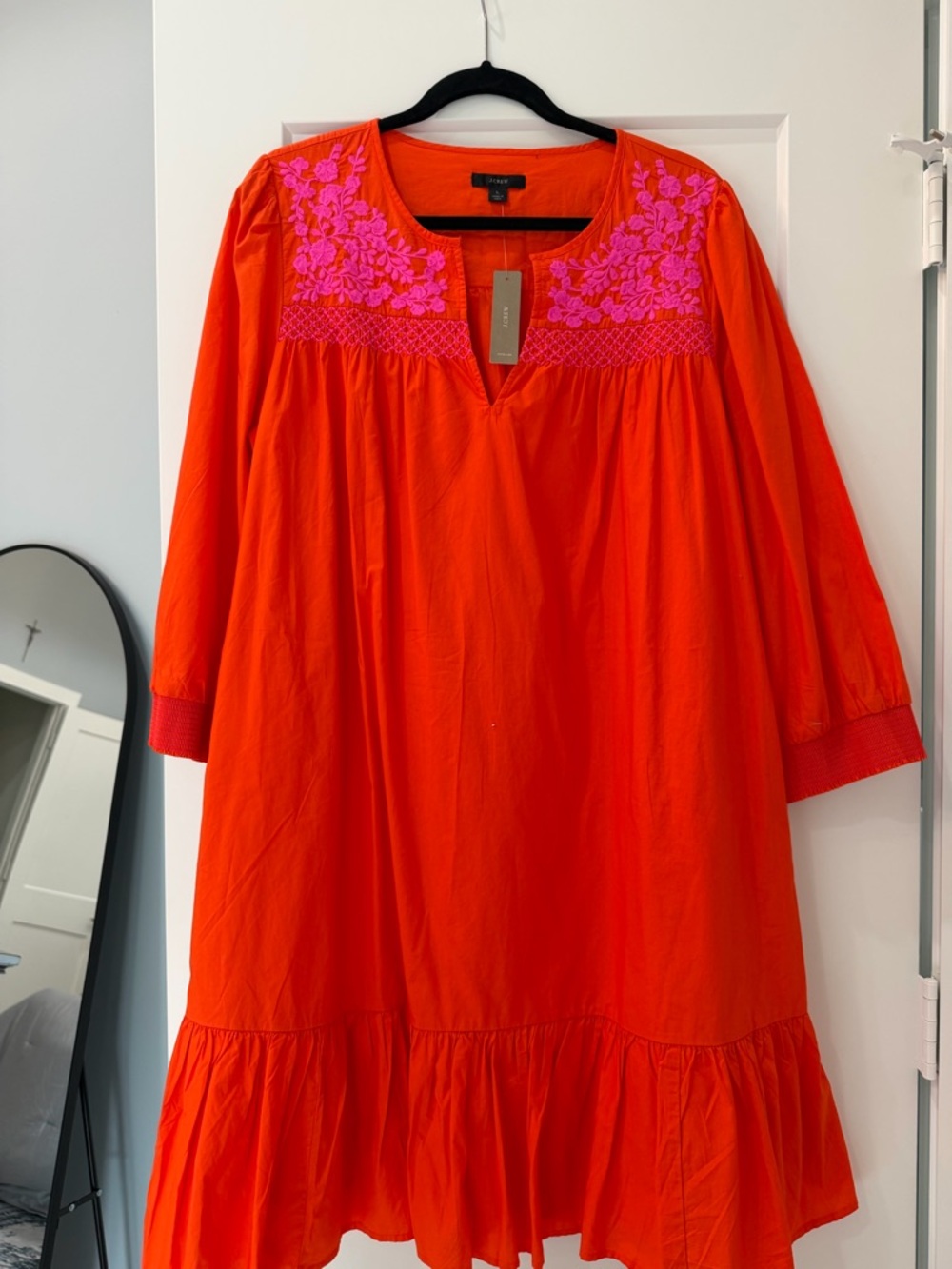 J. Crew Orange Long Sleeve Peasant Dress with Pink Embroidery